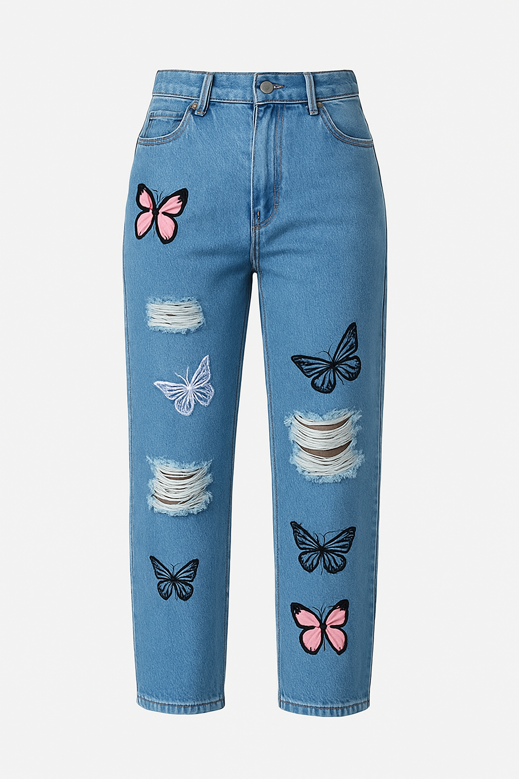 2024 Vintage Women's High Waist Distressed Denim Jeans - Casual Loose Fit Butterfly Print Straight Leg Trousers with Ripped Details
