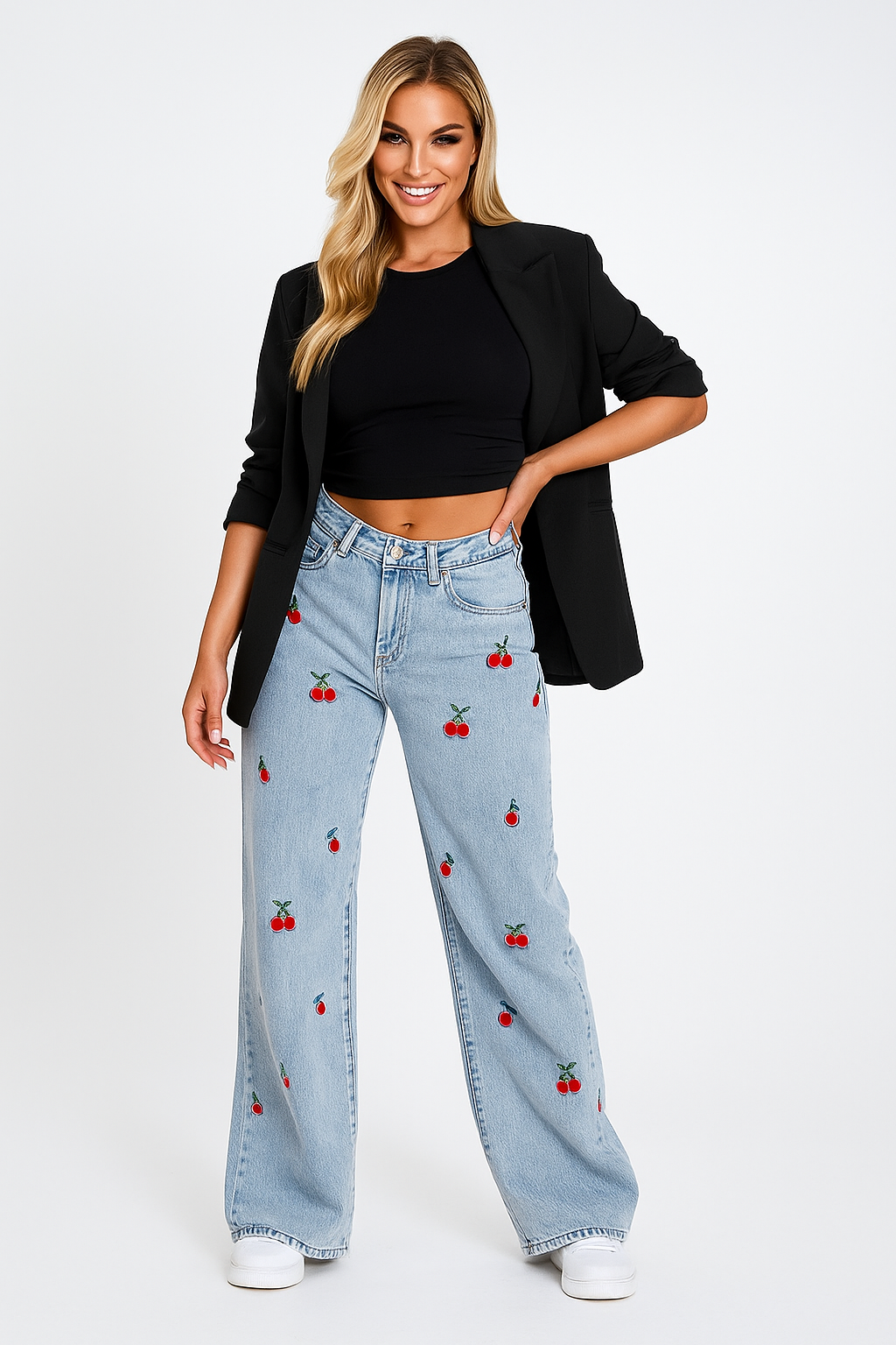 2025 Women's Vintage High Waist Wide Leg Denim Jeans with Embroidery, Distressed Finish, and Pockets - Floor Length Streetwear Trousers
