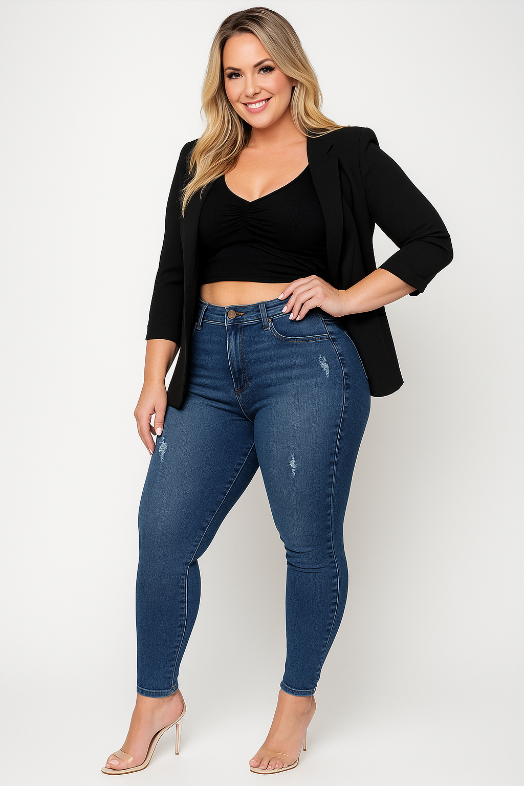 Dames Hoge Taille Slim-Fit Jeans - Elastische Gescheurde Denim Shorts met Blauwe Rij Knopen - Perfect voor Dagelijks Gebruik