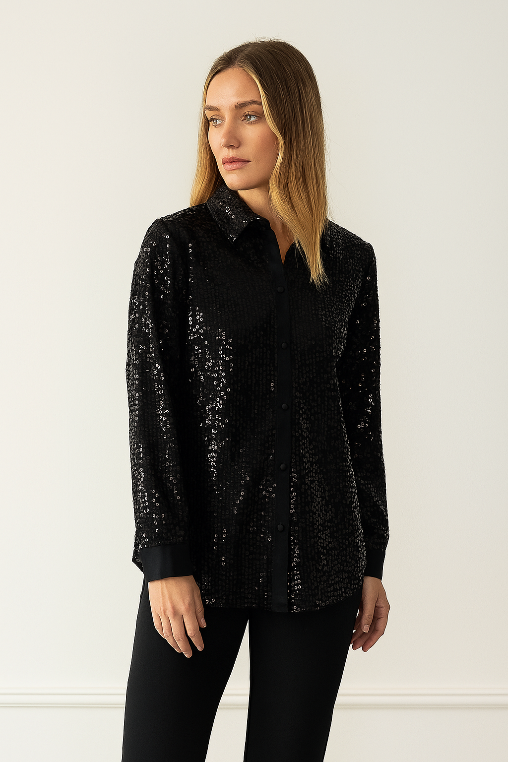 Black Sequin Button-Up Shirt – Modern Minimalist Glam