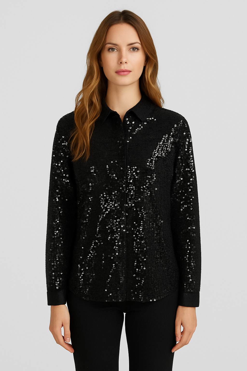 Black Sequin Button-Up Shirt – Modern Minimalist Glam