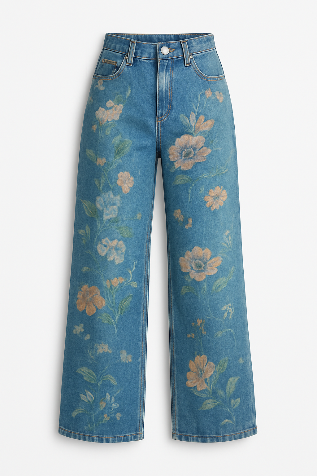 90s Vintage Floral Print High-Waisted Straight Leg Jeans - Trendy Casual Style, Machine Washable, Year-Round Wear