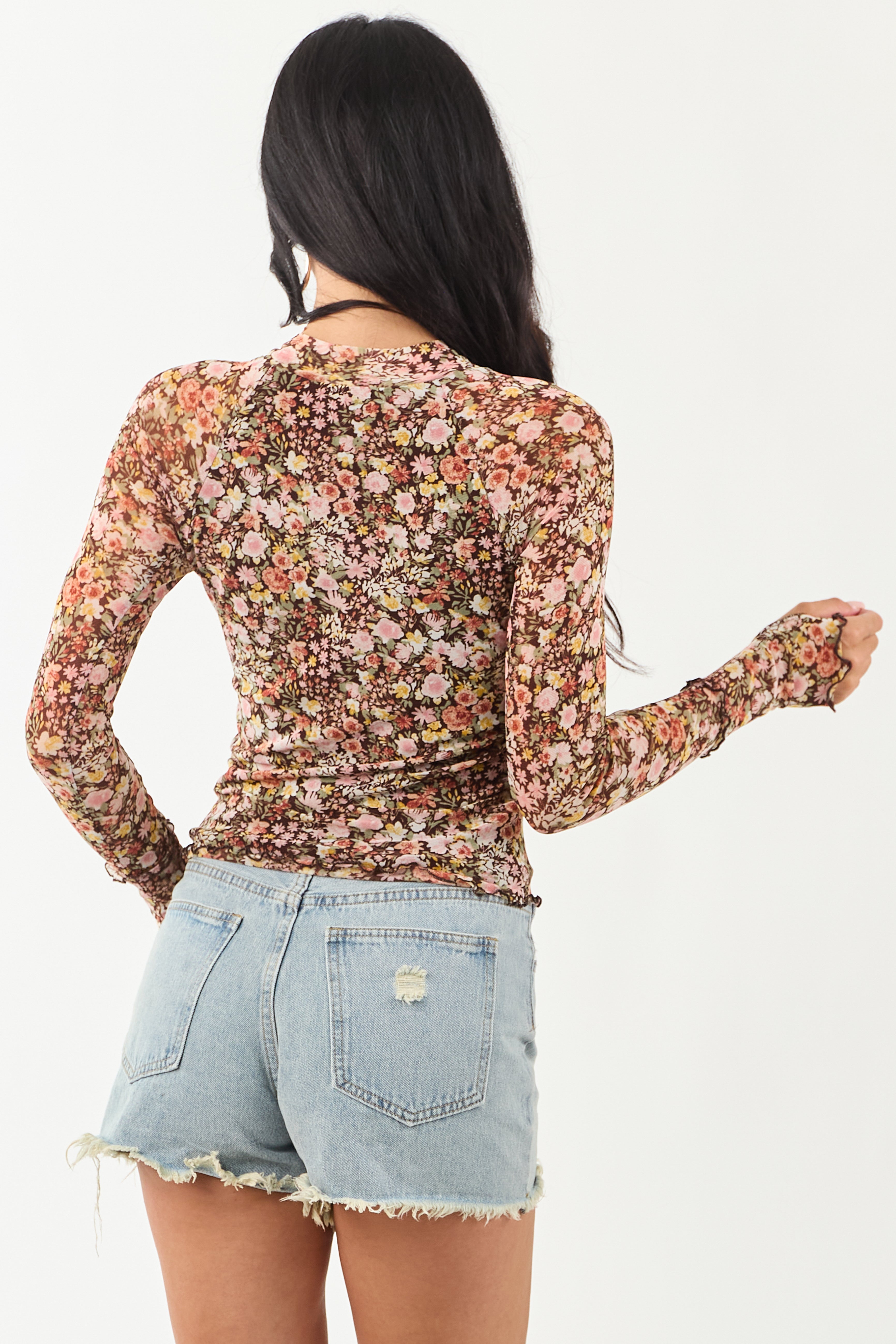 Chic Chocolate Floral Print Mesh Long Sleeve Top for Women - Stylish & Lightweight Blouse