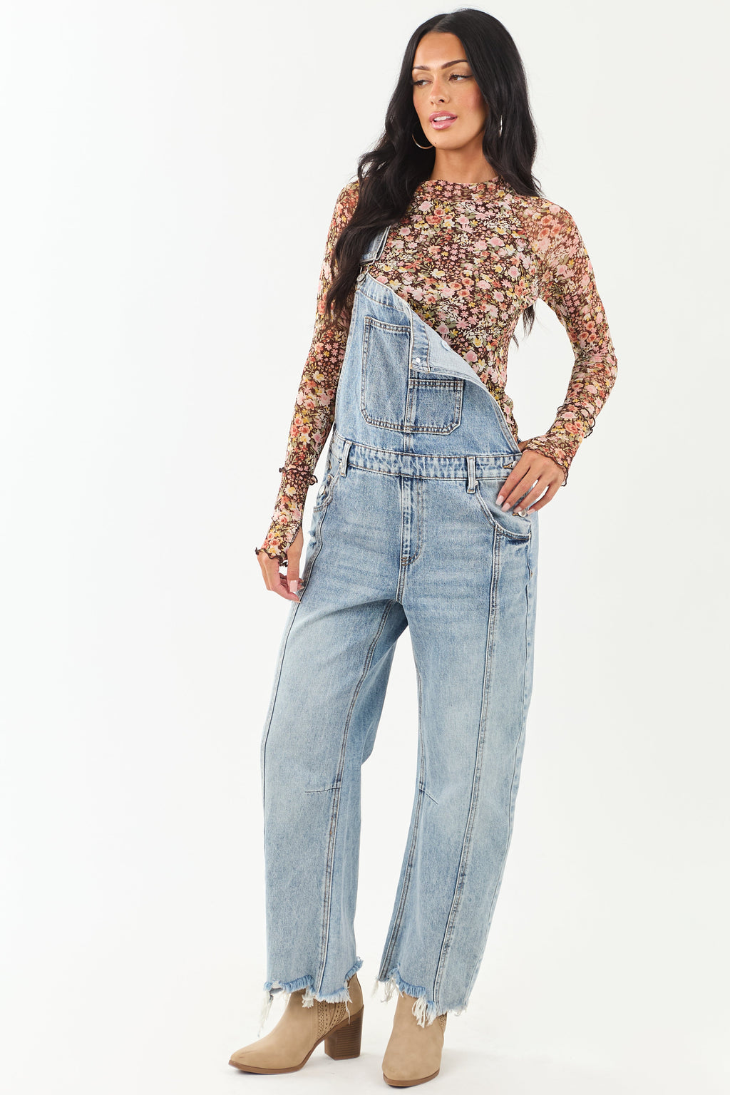 Chic Chocolate Floral Print Mesh Long Sleeve Top for Women - Stylish & Lightweight Blouse