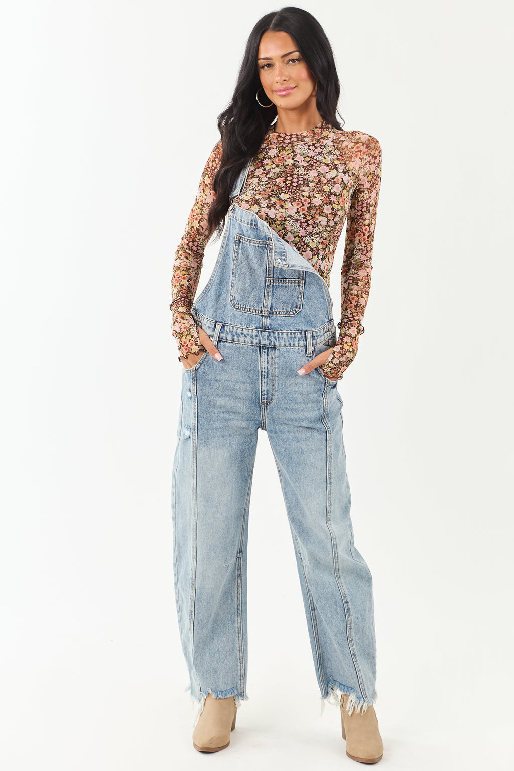 Chic Chocolate Floral Print Mesh Long Sleeve Top for Women - Stylish & Lightweight Blouse