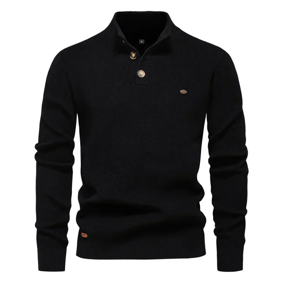 Men's Tailored Fit Knitted Jumper with Stand Collar - Stylish Button-Up Sweater