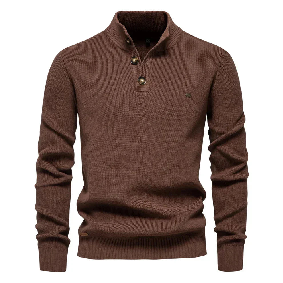 Men's Tailored Fit Knitted Jumper with Stand Collar - Stylish Button-Up Sweater