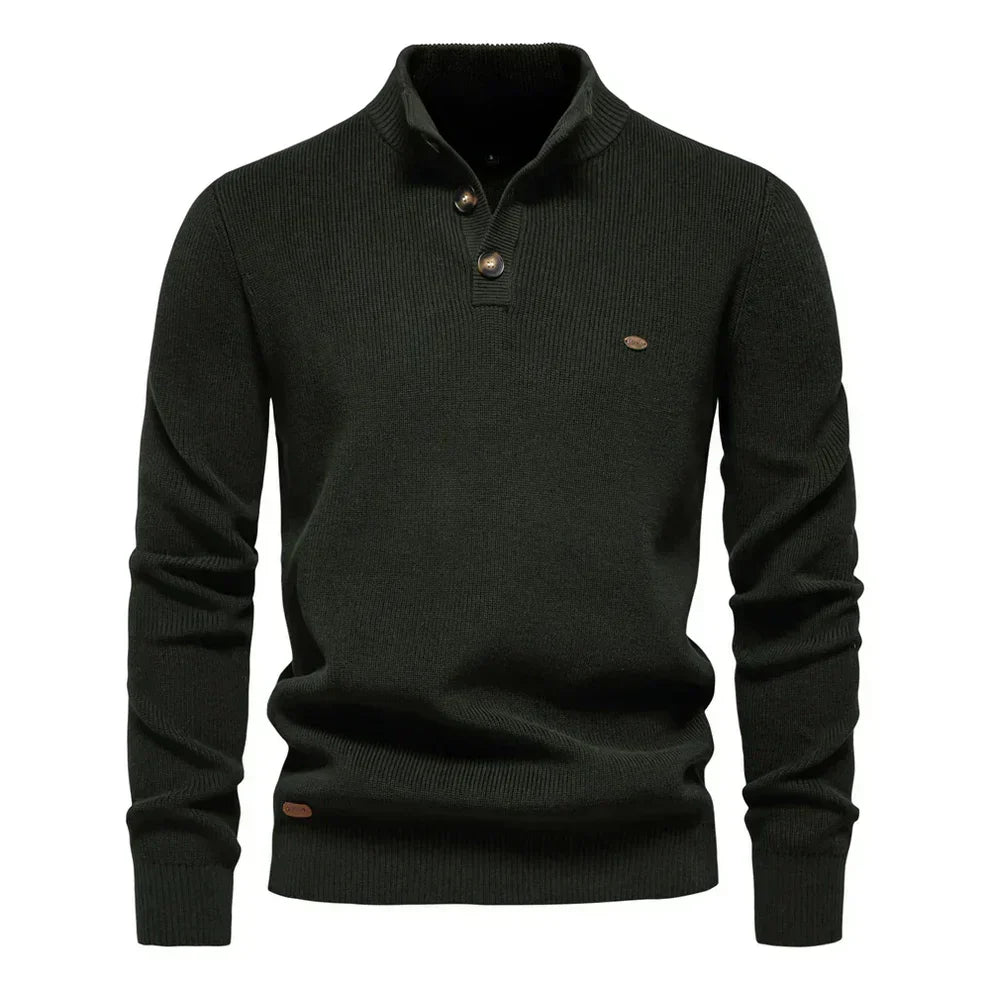 Men's Tailored Fit Knitted Jumper with Stand Collar - Stylish Button-Up Sweater