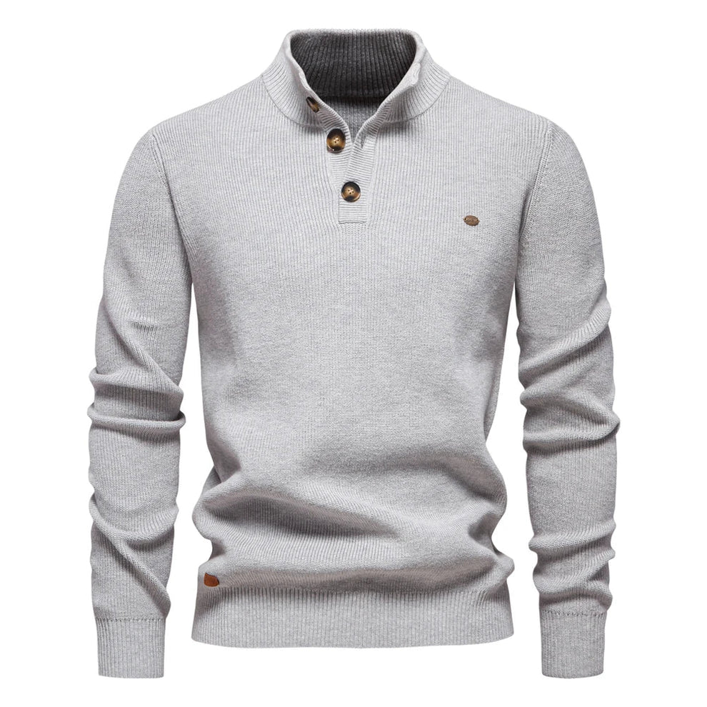 Men's Tailored Fit Knitted Jumper with Stand Collar - Stylish Button-Up Sweater
