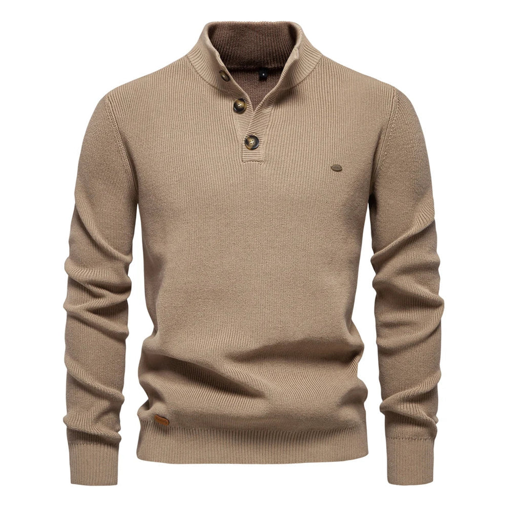 Men's Tailored Fit Knitted Jumper with Stand Collar - Stylish Button-Up Sweater