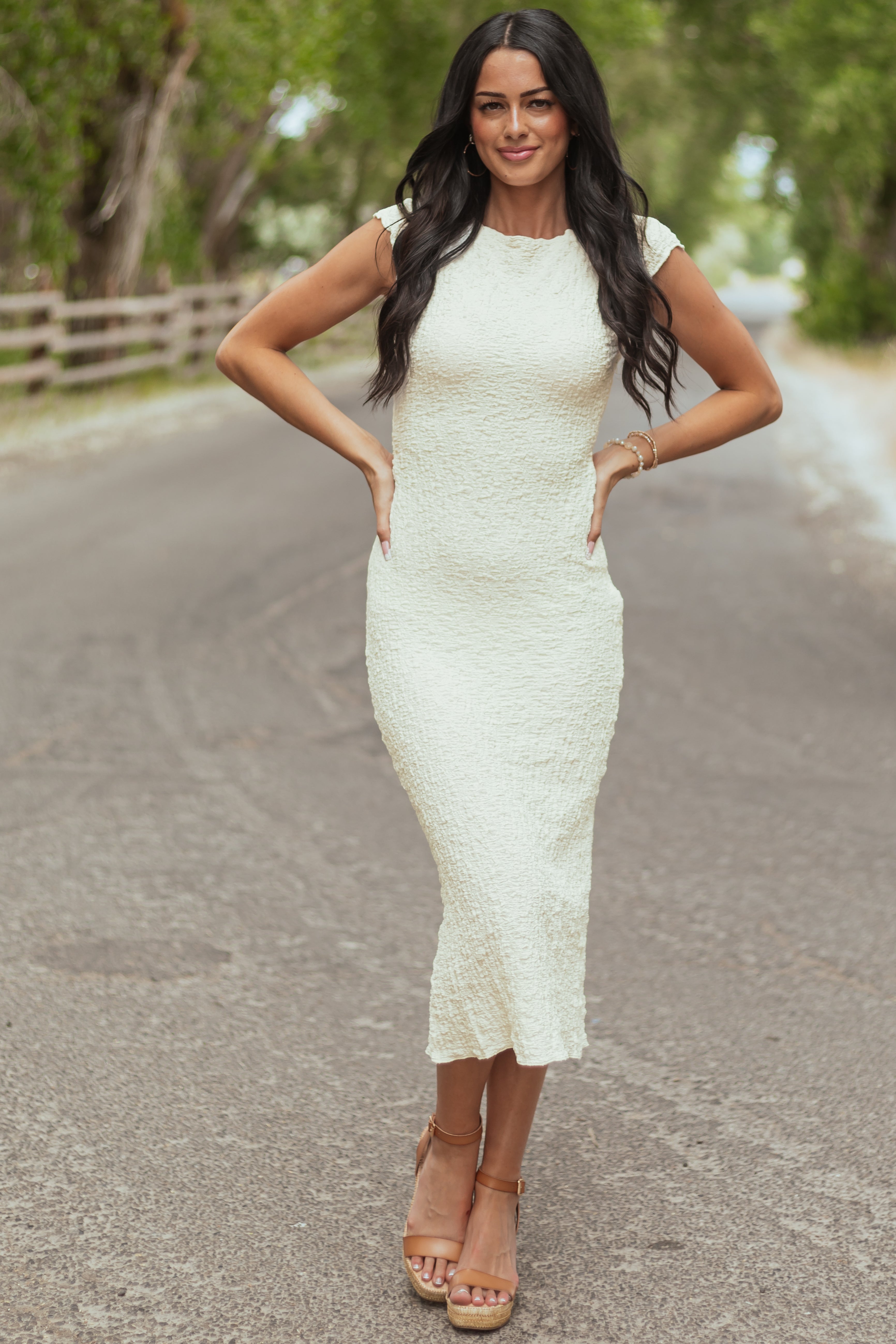 Elegant Cream Crinkle Textured Midi Dress with Cap Sleeves - Perfect for Any Occasion