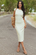 Elegant Cream Crinkle Textured Midi Dress with Cap Sleeves - Perfect for Any Occasion