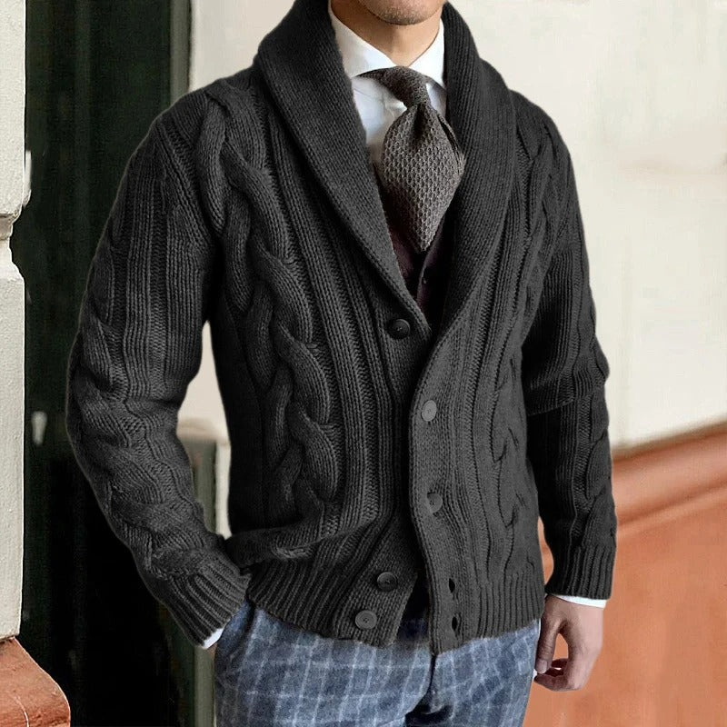 Men's Shawl Collar Cable-Knit Cardigan with Button Closure - Cozy & Stylish Knitwear for Fall/Winter