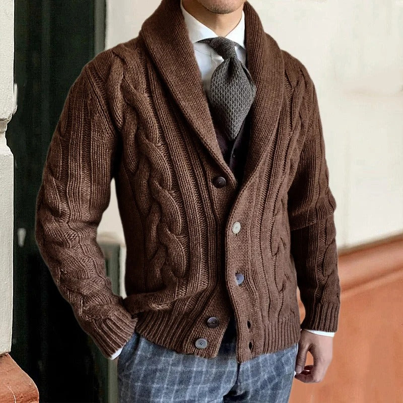 Men's Shawl Collar Cable-Knit Cardigan with Button Closure - Cozy & Stylish Knitwear for Fall/Winter