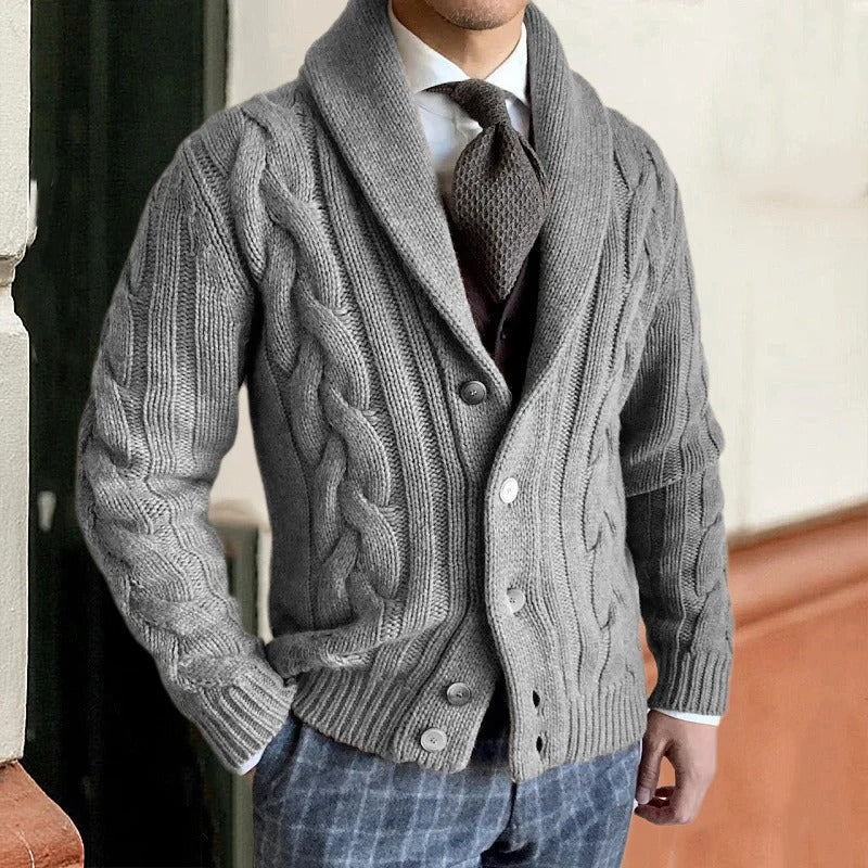 Men's Shawl Collar Cable-Knit Cardigan with Button Closure - Cozy & Stylish Knitwear for Fall/Winter