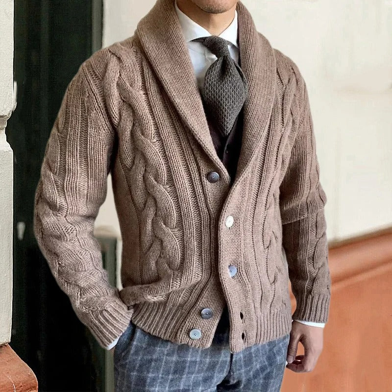 Men's Shawl Collar Cable-Knit Cardigan with Button Closure - Cozy & Stylish Knitwear for Fall/Winter