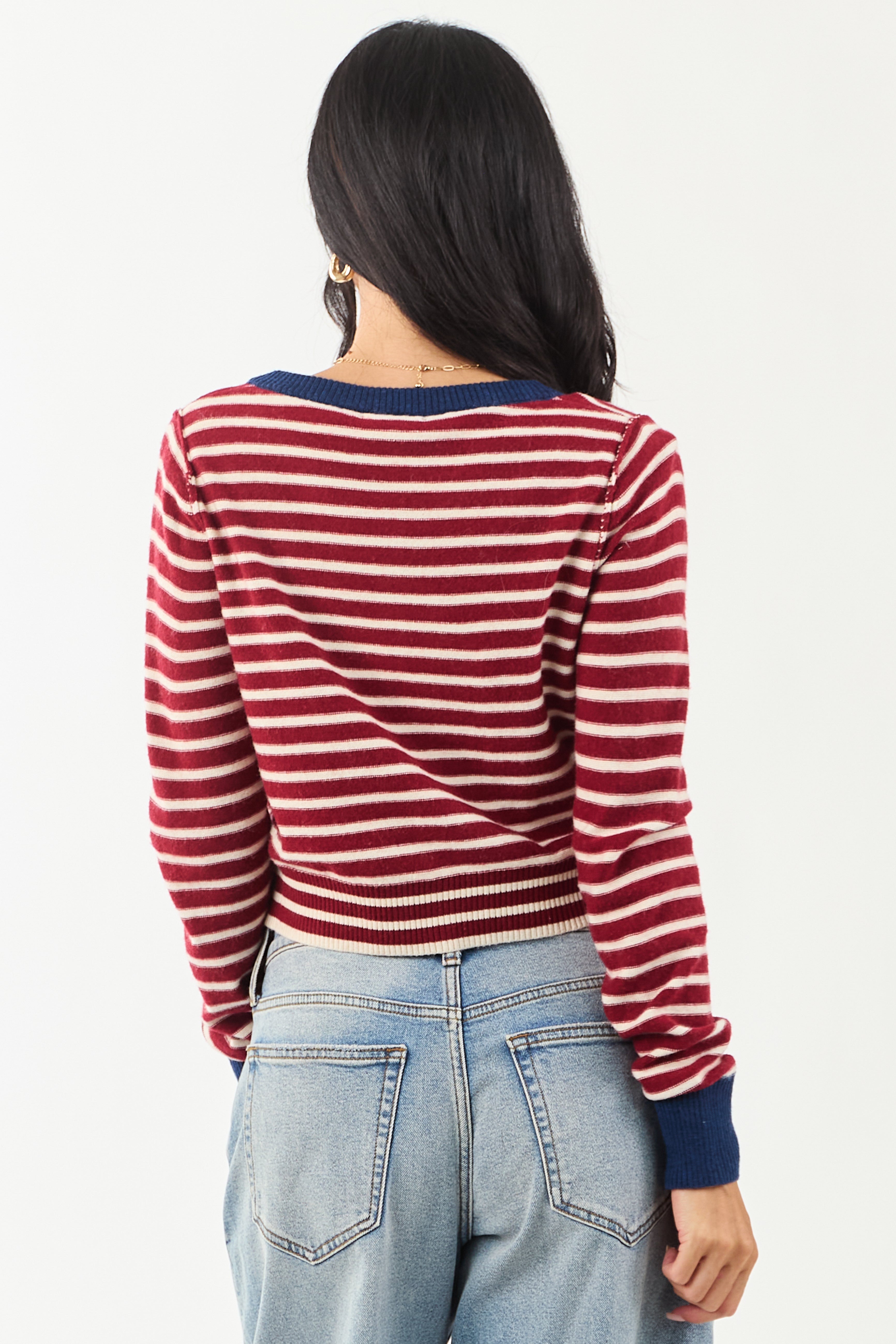 Entro Women's Maroon & Cream Striped Button-Down Cardigan - Stylish Knitwear for Fall & Winter