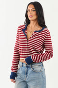 Entro Women's Maroon & Cream Striped Button-Down Cardigan - Stylish Knitwear for Fall & Winter