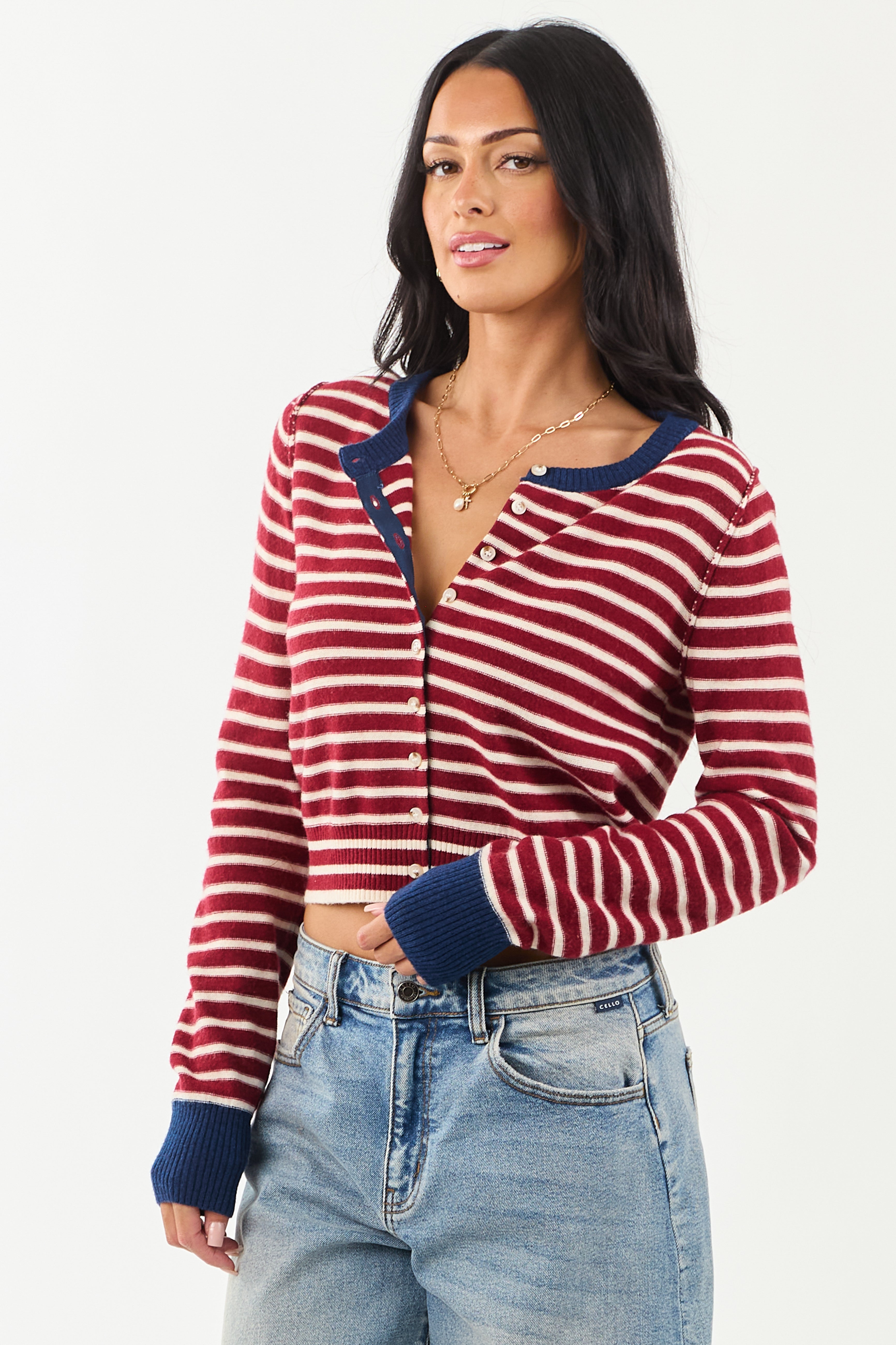 Entro Women's Maroon & Cream Striped Button-Down Cardigan - Stylish Knitwear for Fall & Winter