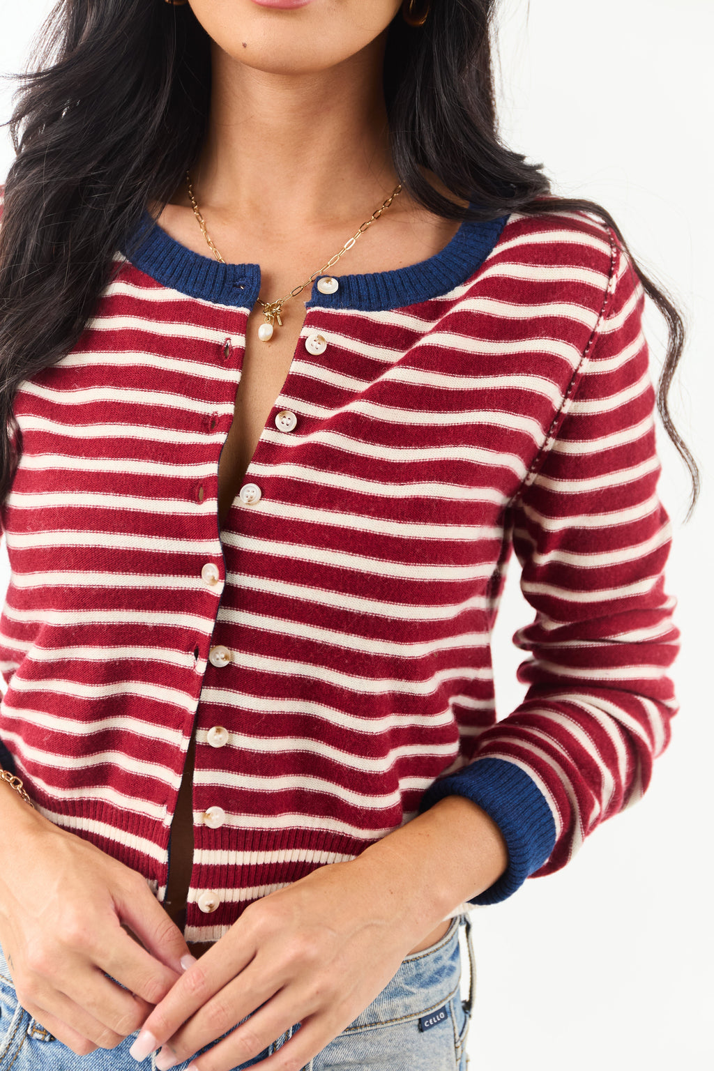 Entro Women's Maroon & Cream Striped Button-Down Cardigan - Stylish Knitwear for Fall & Winter