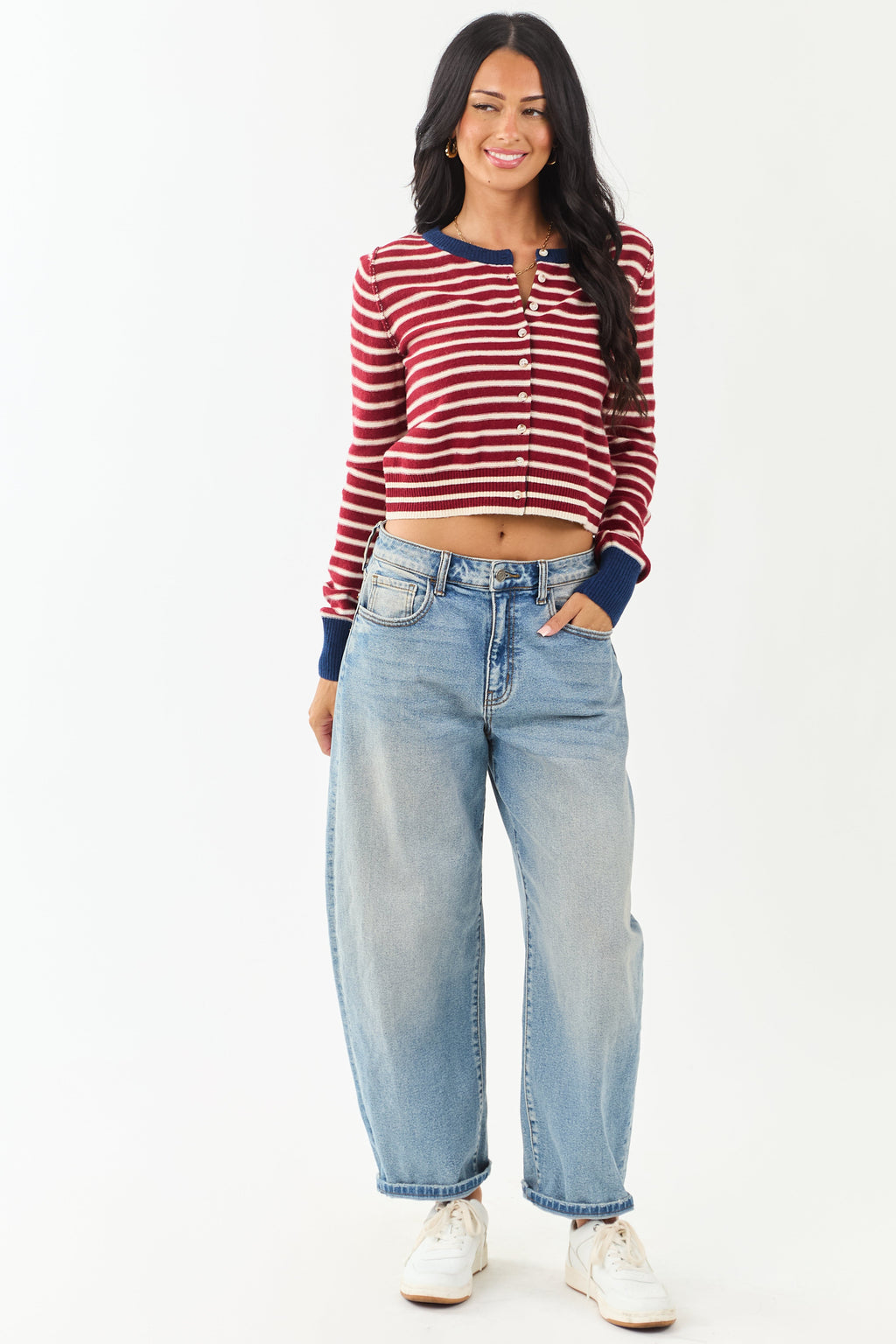 Entro Women's Maroon & Cream Striped Button-Down Cardigan - Stylish Knitwear for Fall & Winter