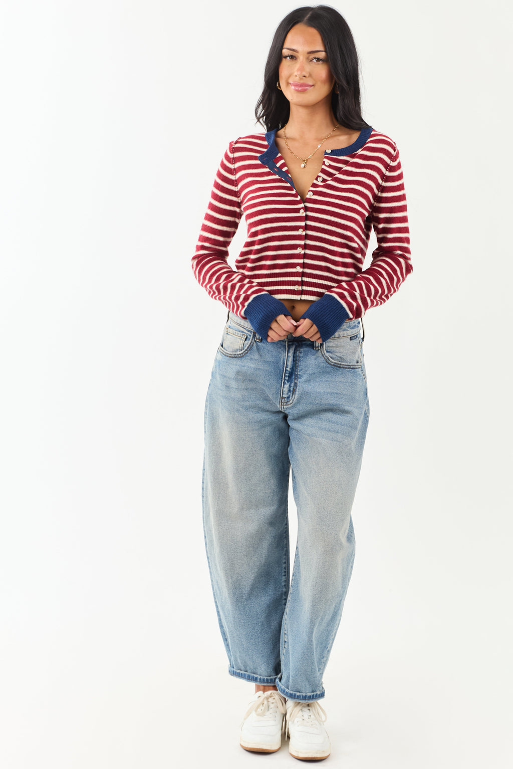 Entro Women's Maroon & Cream Striped Button-Down Cardigan - Stylish Knitwear for Fall & Winter