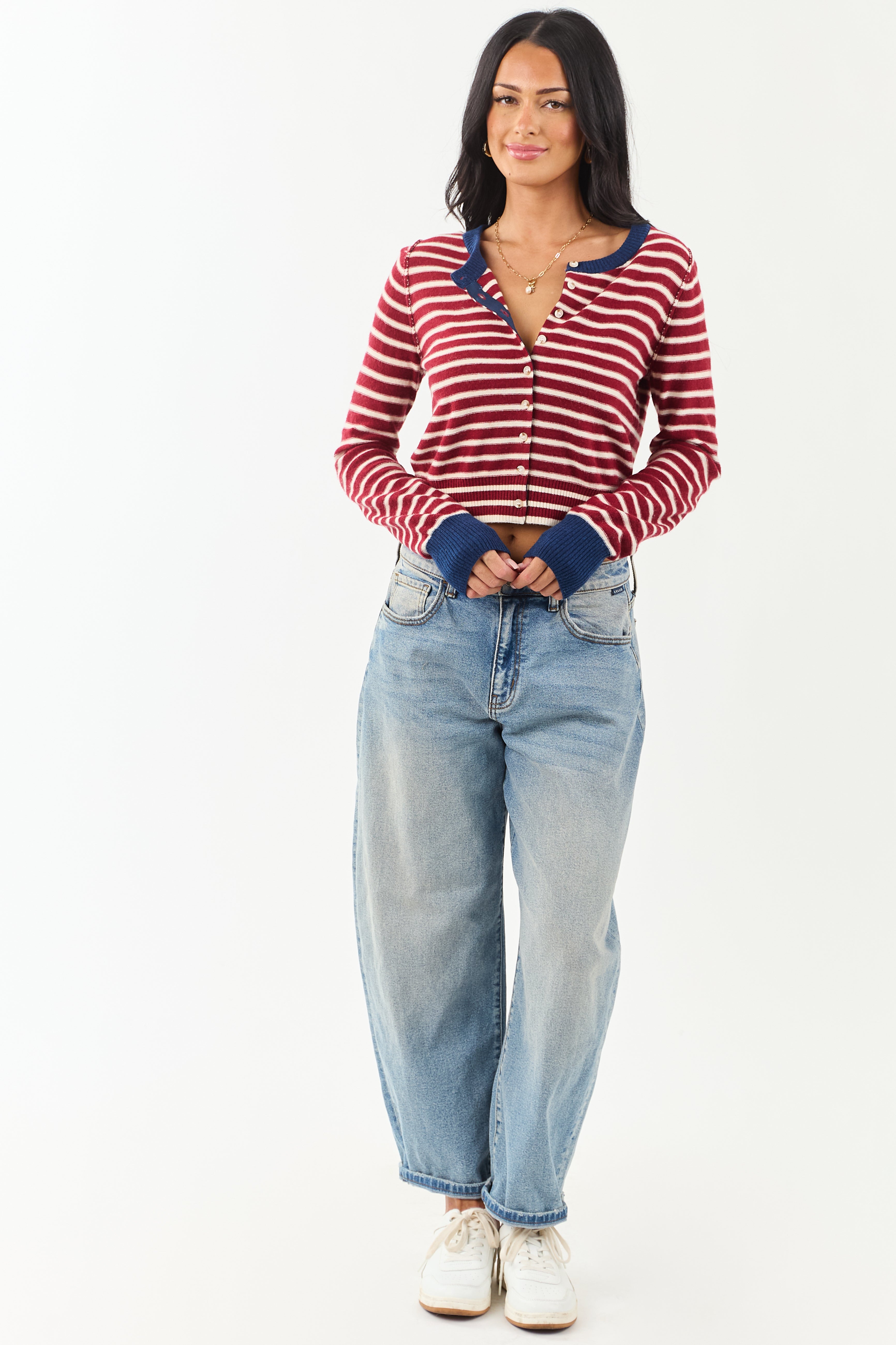 Entro Women's Maroon & Cream Striped Button-Down Cardigan - Stylish Knitwear for Fall & Winter