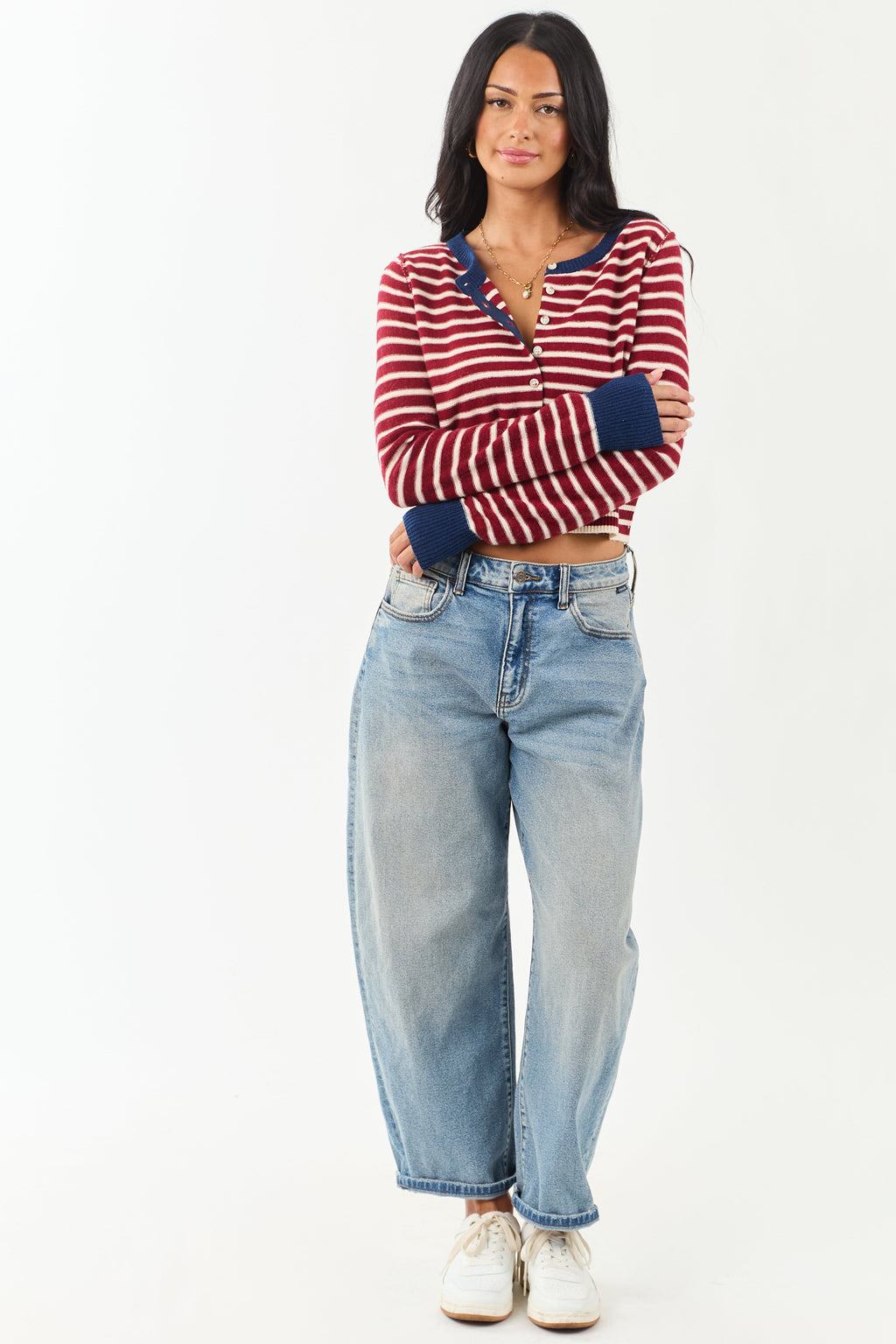 Entro Women's Maroon & Cream Striped Button-Down Cardigan - Stylish Knitwear for Fall & Winter