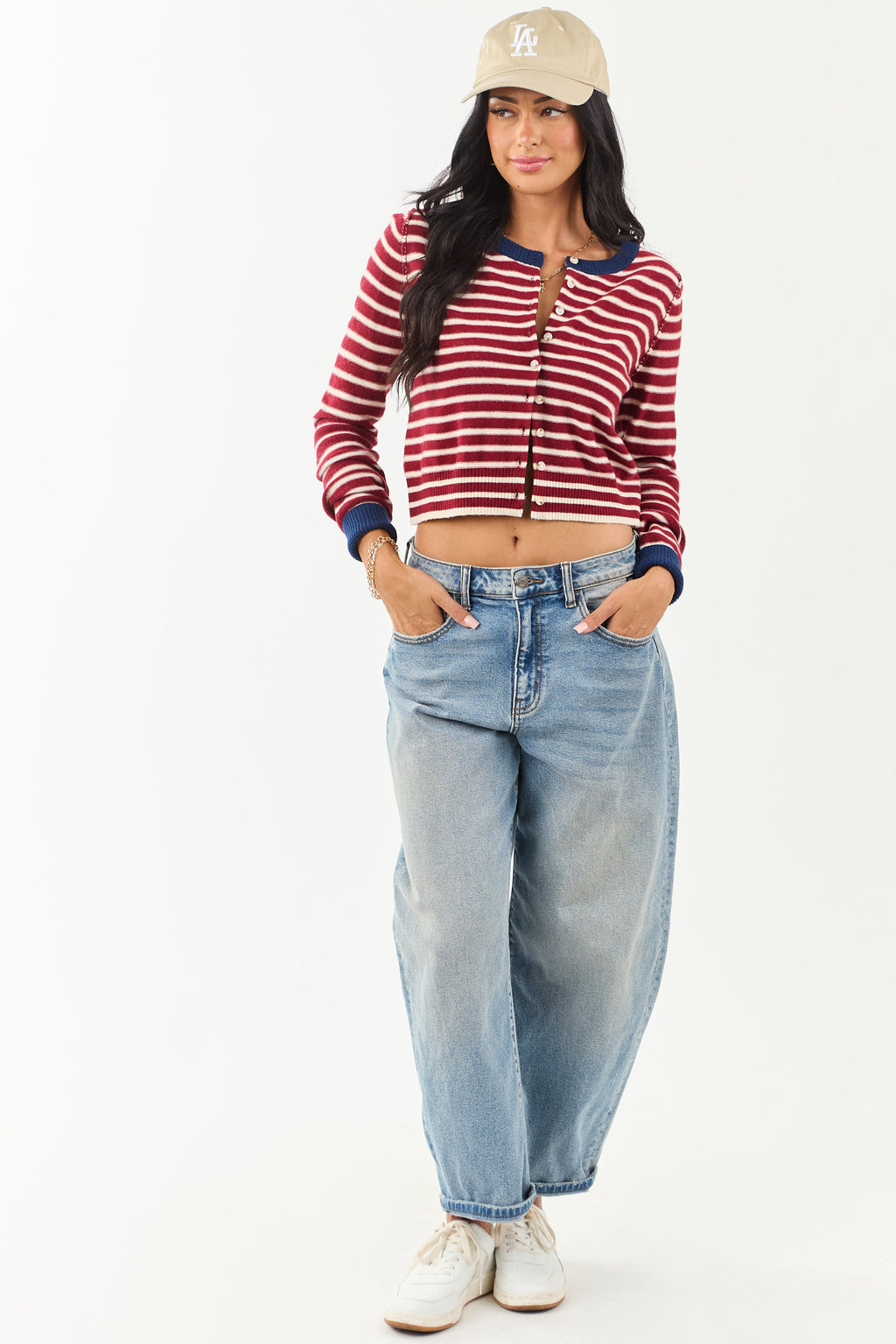 Entro Women's Maroon & Cream Striped Button-Down Cardigan - Stylish Knitwear for Fall & Winter