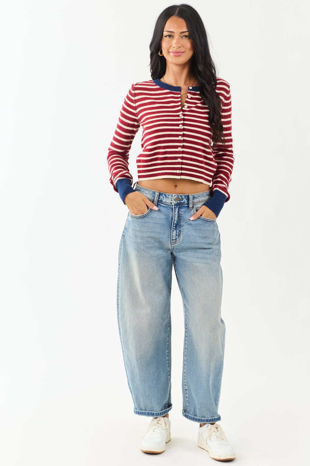 Entro Women's Maroon & Cream Striped Button-Down Cardigan - Stylish Knitwear for Fall & Winter