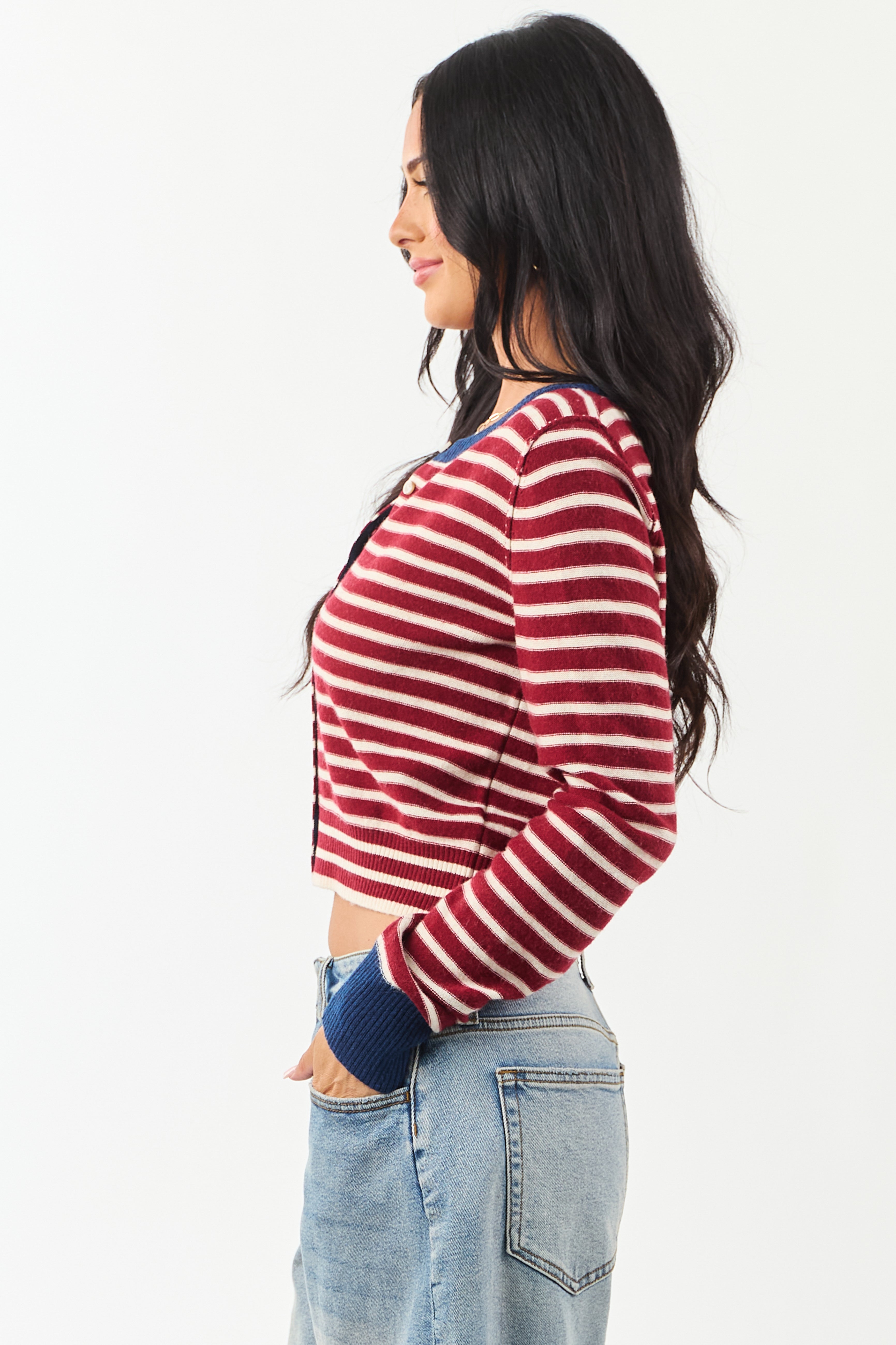 Entro Women's Maroon & Cream Striped Button-Down Cardigan - Stylish Knitwear for Fall & Winter