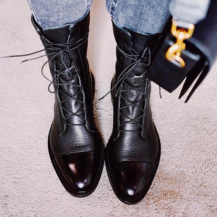 Elegant Women's Lace-Up Mid-Calf Boots with Low Heel - Stylish & Comfortable Footwear