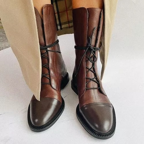 Elegant Women's Lace-Up Mid-Calf Boots with Low Heel - Stylish & Comfortable Footwear