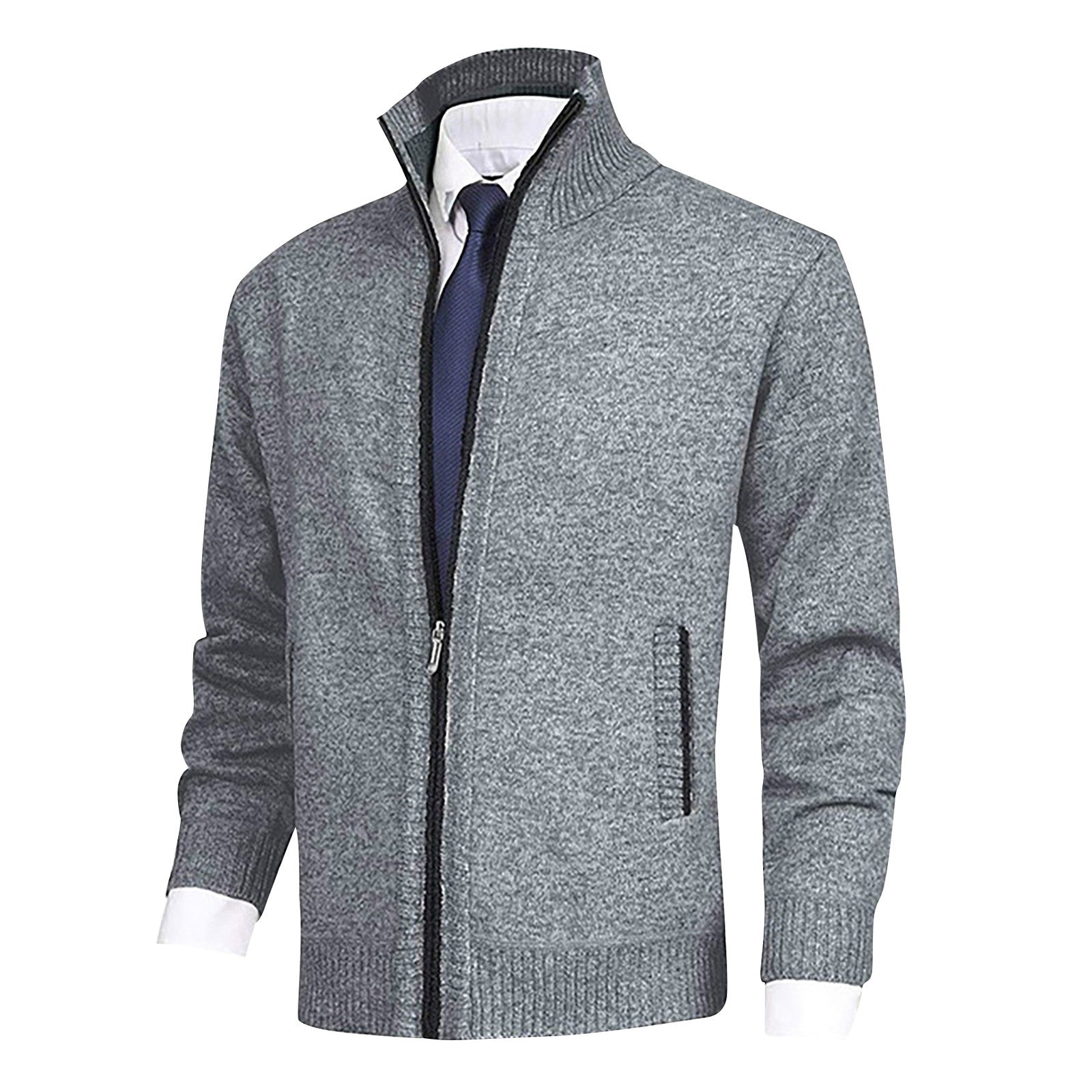 Men's Stand Collar Zip-Up Cardigan with Ribbed Hem - Stylish & Comfortable Knitwear for Every Occasion