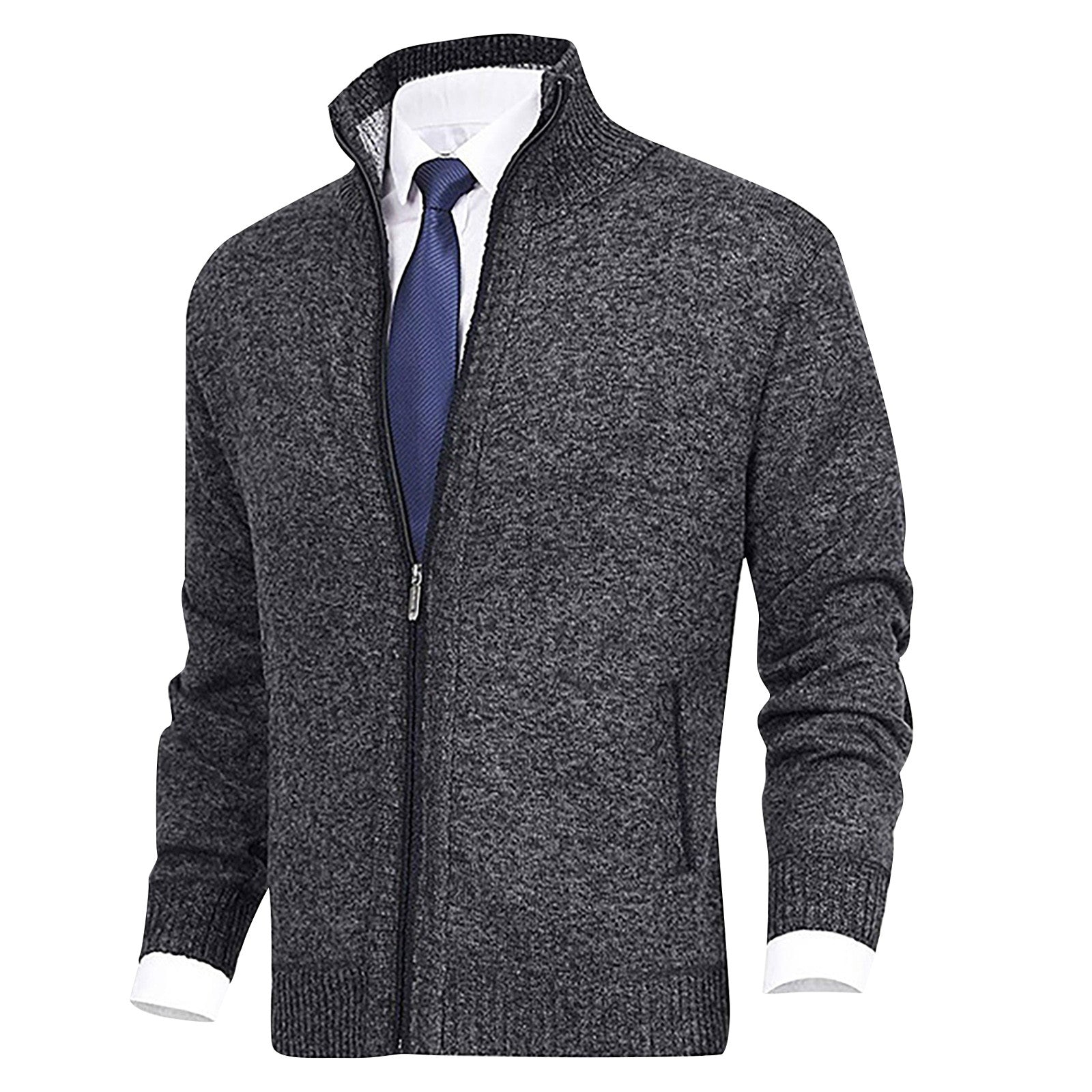 Men's Stand Collar Zip-Up Cardigan with Ribbed Hem - Stylish & Comfortable Knitwear for Every Occasion