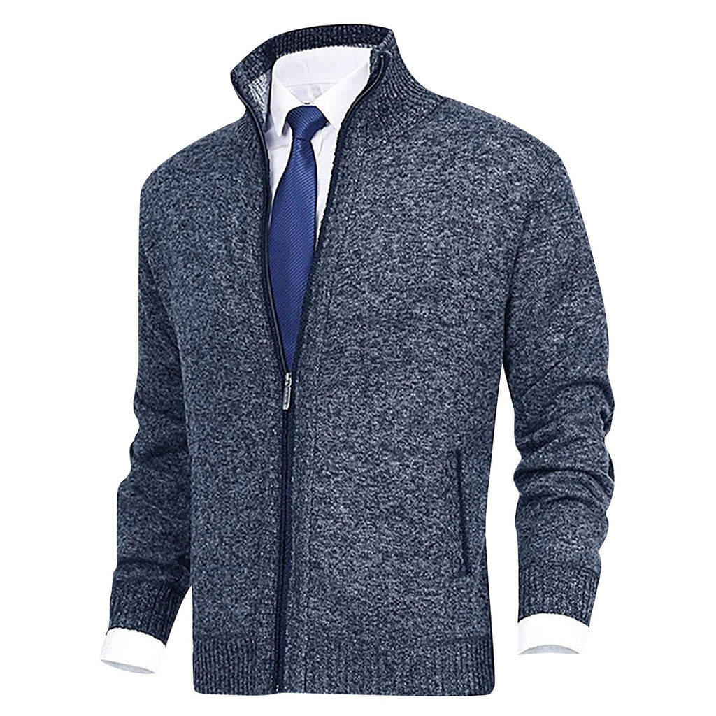 Men's Stand Collar Zip-Up Cardigan with Ribbed Hem - Stylish & Comfortable Knitwear for Every Occasion
