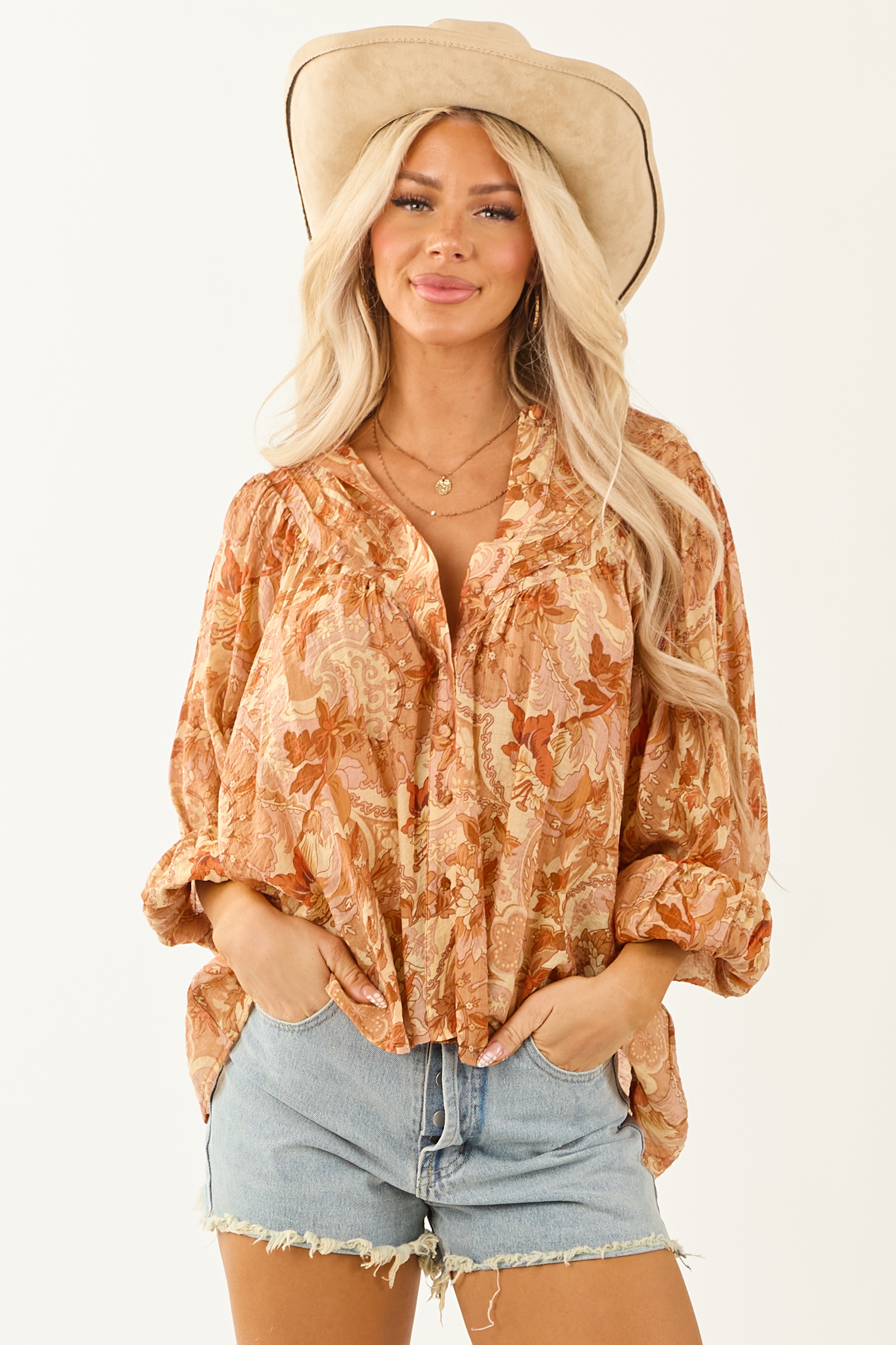 Honeysuckle Paisley Floral Pleated Button-Up Top for Women - Stylish & Comfortable Blouse