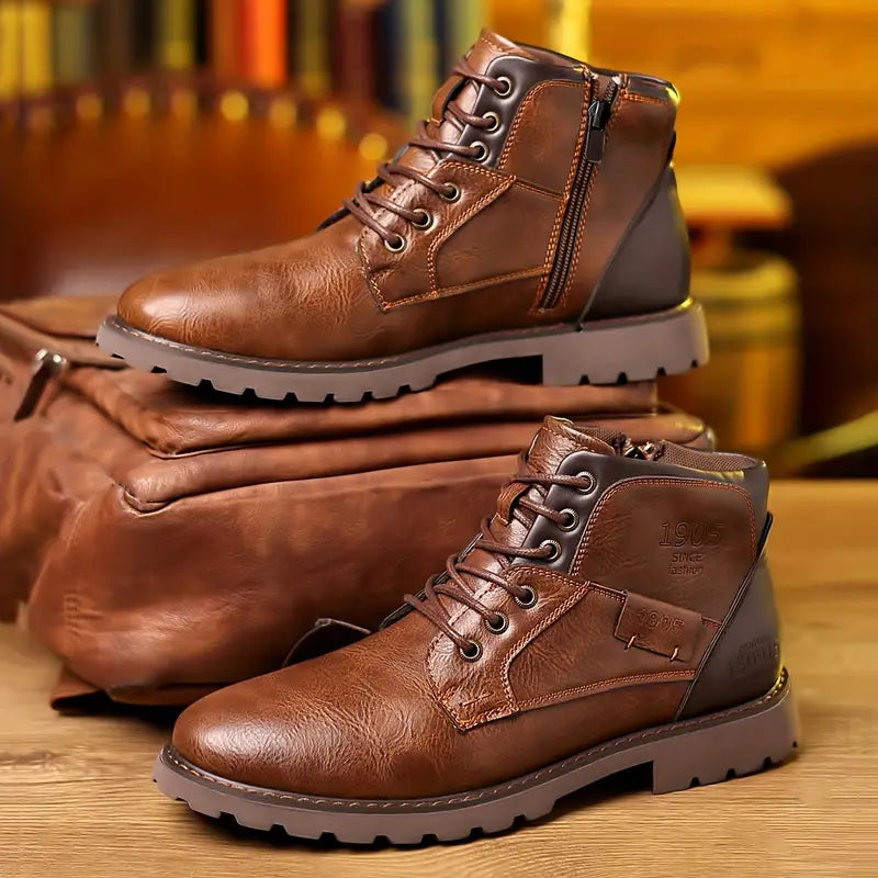Men's Rugged Lace-Up Ankle Boots with Side Zipper - Durable Sole for Ultimate Comfort & Style