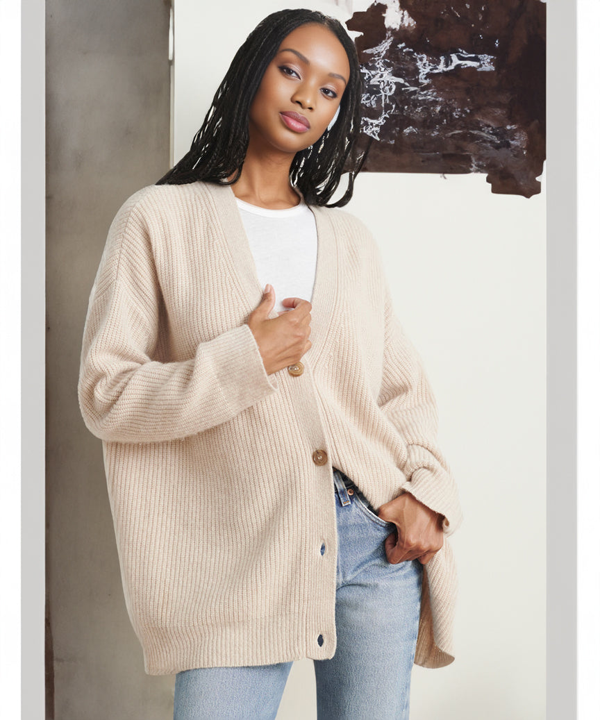 Cozy Women's Oversized Button Cardigan - Ribbed Knit Texture for Ultimate Comfort