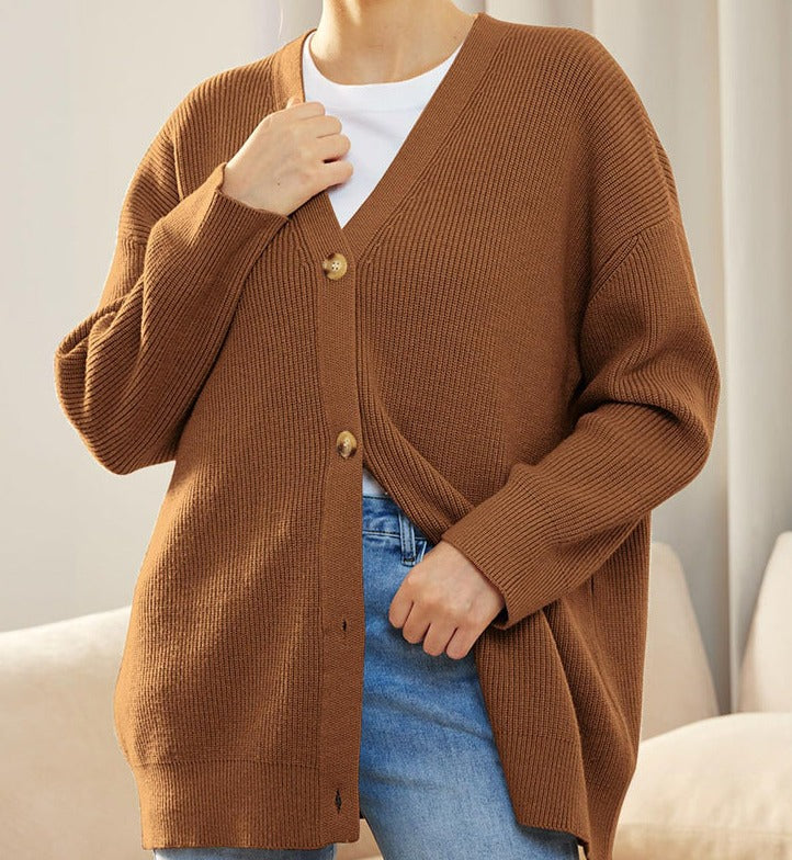 Cozy Women's Oversized Button Cardigan - Ribbed Knit Texture for Ultimate Comfort