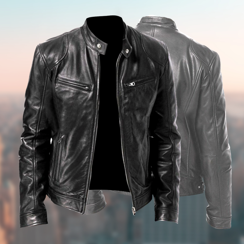 Men's Premium Sleek Leather Jacket - Zip Closure & Stand Collar - Stylish & Durable