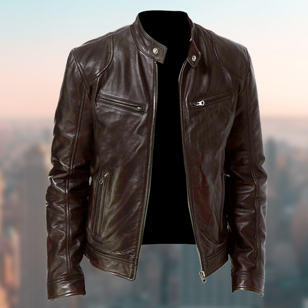 Men's Premium Sleek Leather Jacket - Zip Closure & Stand Collar - Stylish & Durable