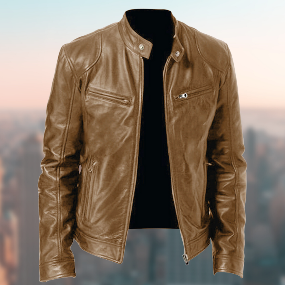 Men's Premium Sleek Leather Jacket - Zip Closure & Stand Collar - Stylish & Durable