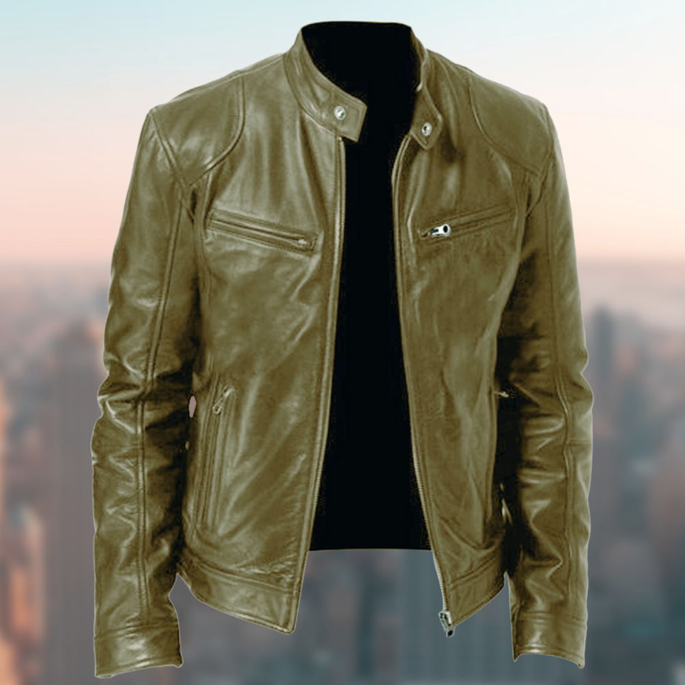Men's Premium Sleek Leather Jacket - Zip Closure & Stand Collar - Stylish & Durable