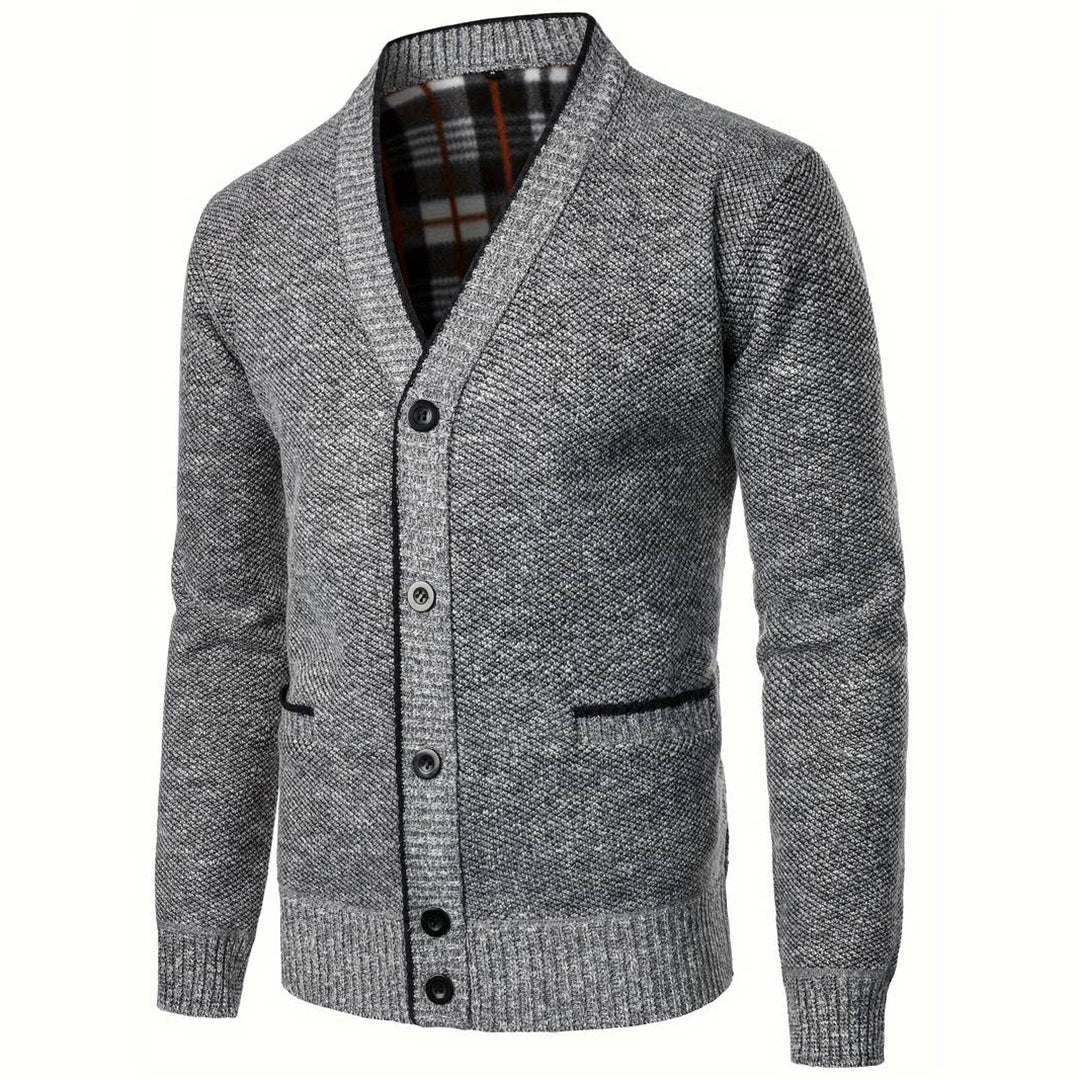 Men's V-Neck Button Cardigan with Plaid Lining & Side Pockets - Stylish, Comfortable Knitwear for Every Occasion