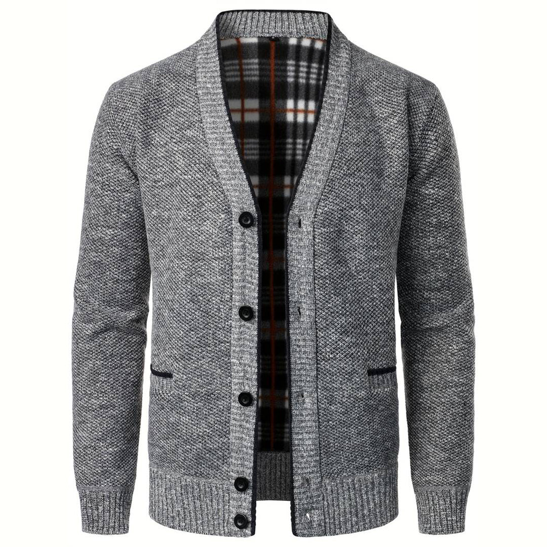 Men's V-Neck Button Cardigan with Plaid Lining & Side Pockets - Stylish, Comfortable Knitwear for Every Occasion
