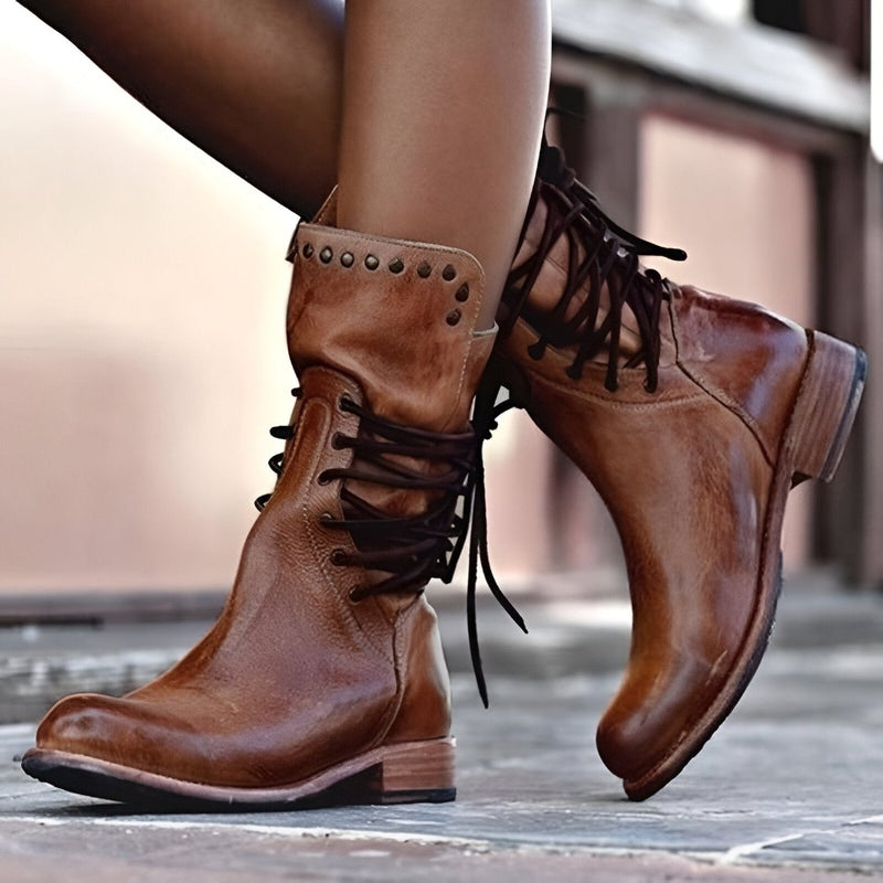 Stylish Women's Vintage Mid-Calf Boots - Studded Lace-Up Design, Low Heel Comfort