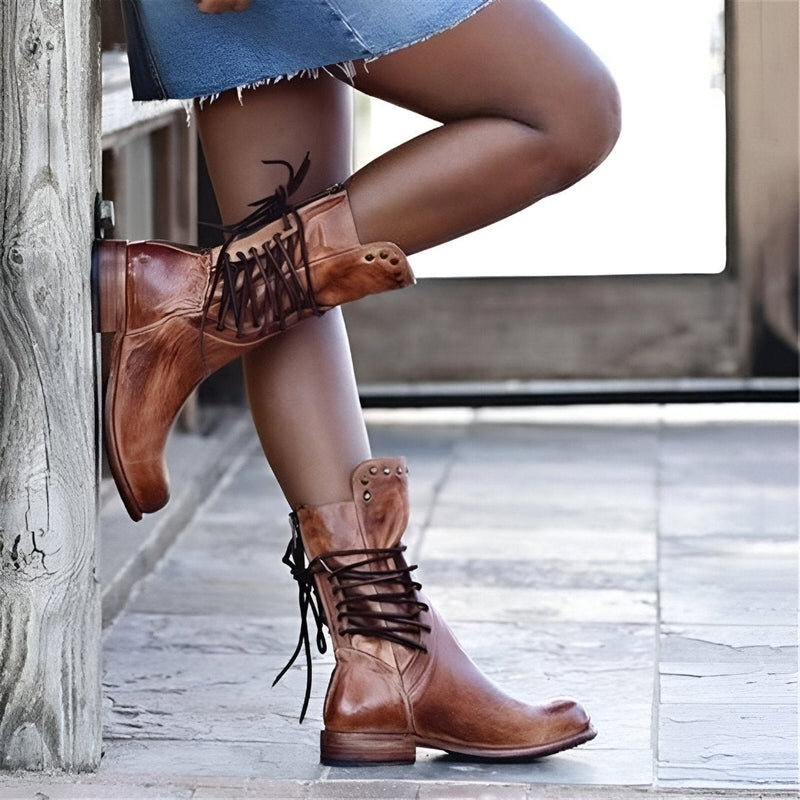 Stylish Women's Vintage Mid-Calf Boots - Studded Lace-Up Design, Low Heel Comfort
