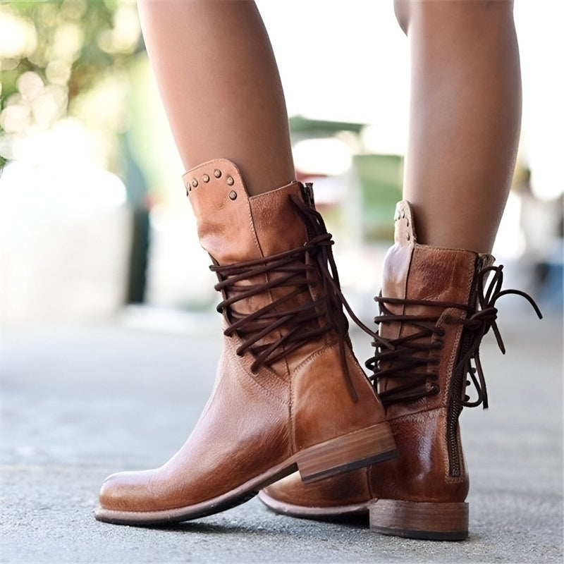 Stylish Women's Vintage Mid-Calf Boots - Studded Lace-Up Design, Low Heel Comfort