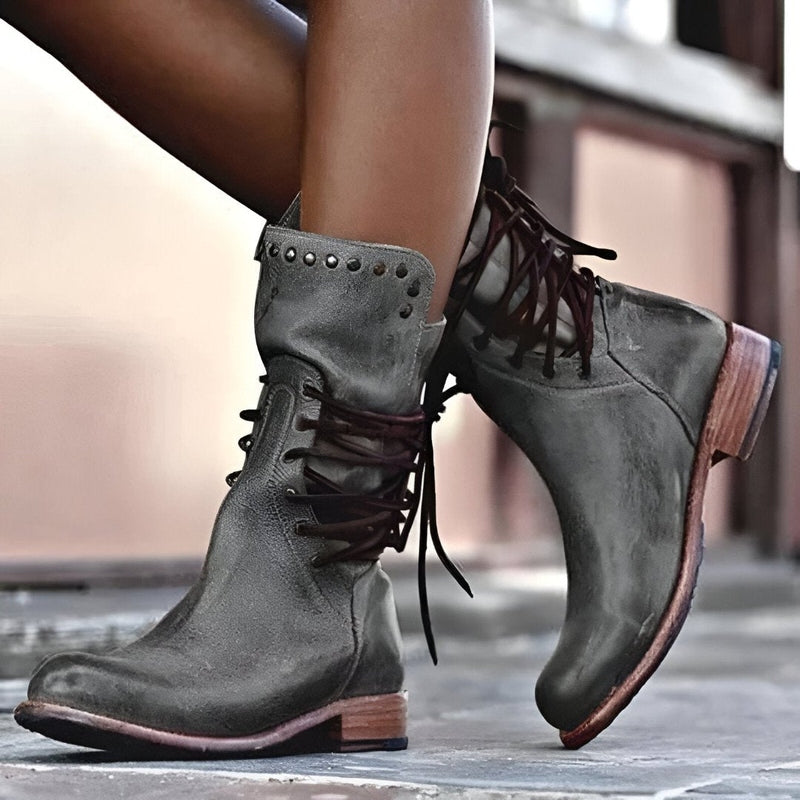 Stylish Women's Vintage Mid-Calf Boots - Studded Lace-Up Design, Low Heel Comfort